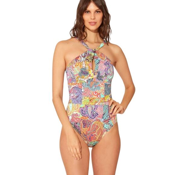 Bleu Rod Beattie Paisley One Piece Swimsuit Size 8 Halter Bohemian Psychedelic - Picture 1 of 14